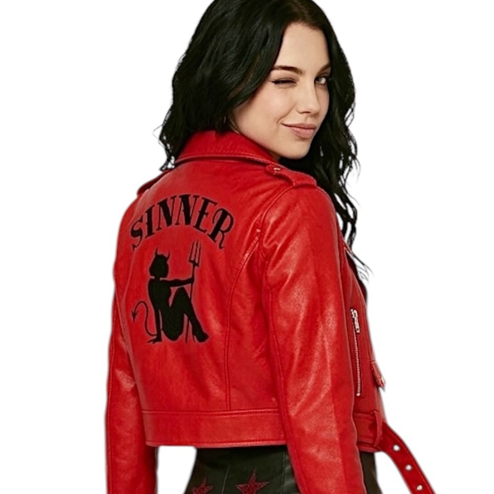 Current Mood Born Sinner Moto Jacket red & black faux Leather small NWT - Picture 3 of 16